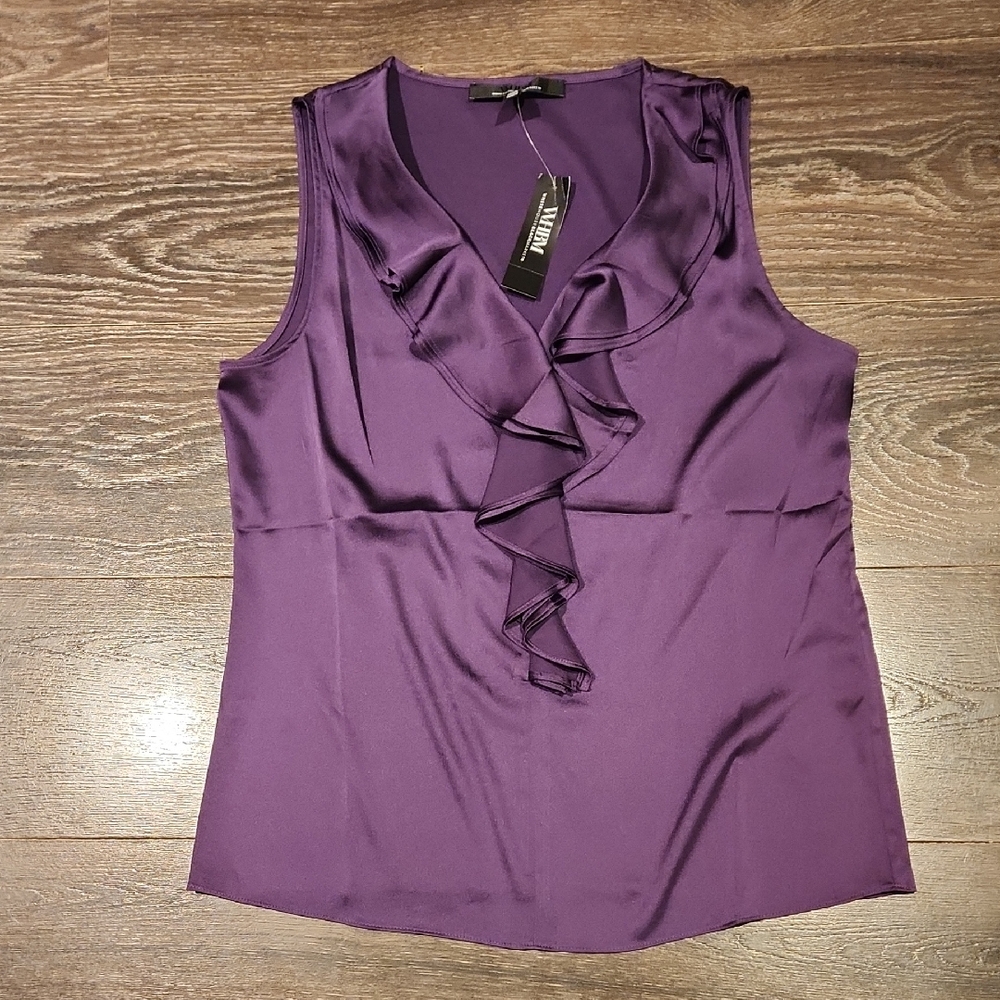 White House Black Market Purple Sleeveless Ruffle Silk-Blend Top